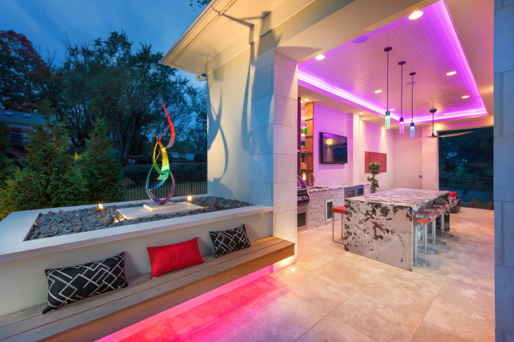 Sculptural accents and artistic touches lit up at night