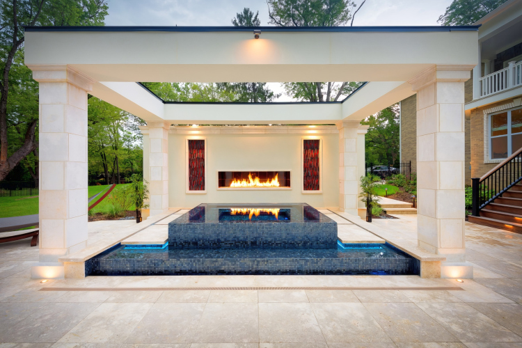 Striking architectural elements throughout the hot tub area, enhancing the contemporary design.