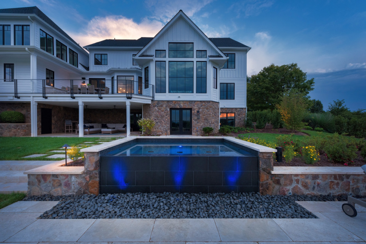 Modern Farmhouse Custom Pool Design with Waterfall Feature
