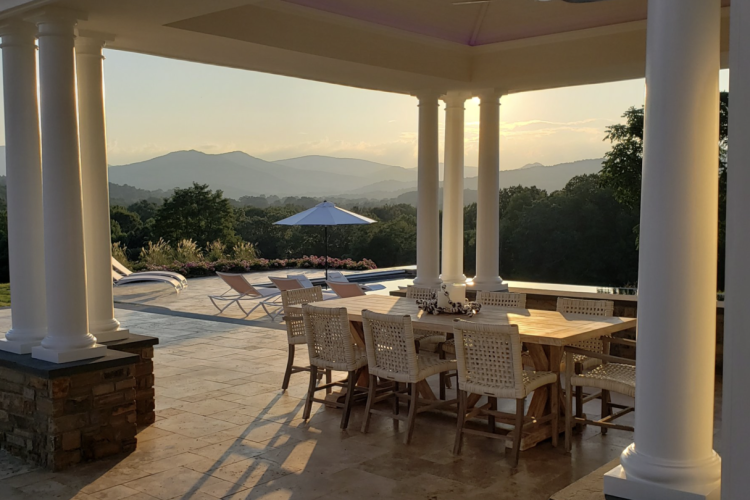Shenandoah Retreat Outdoor Seating under Pavilion with a View of the Custom Pool