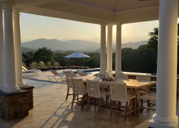 Shenandoah Retreat Outdoor Seating under Pavilion with a View of the Custom Pool