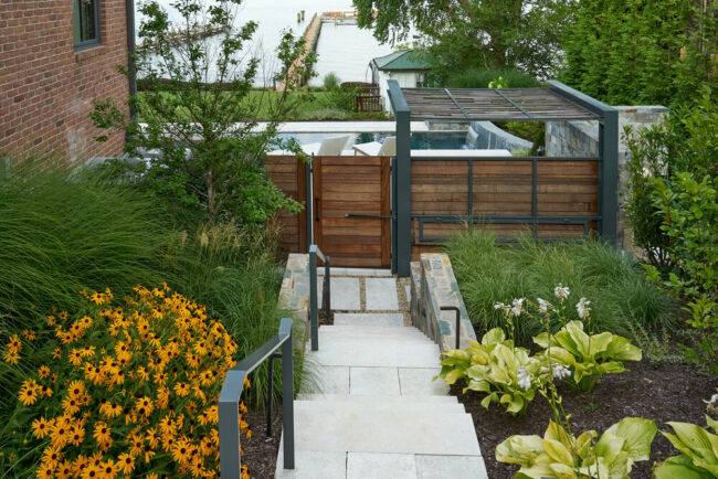 Landscaped stepped path to pool