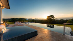 landscaping company Arlington, VA installed luxury pool overlooking mountains and sunset