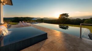 landscaping company Arlington, VA installed luxury pool overlooking mountains and sunset