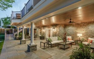 beautiful custom deck and wood slat ceiling