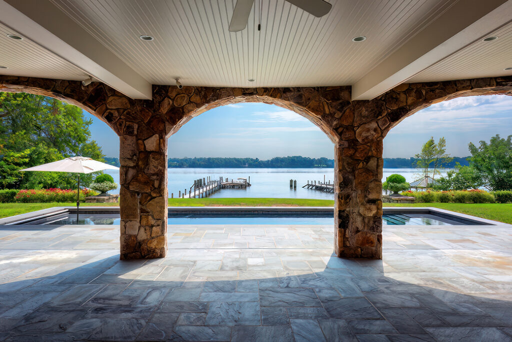 wood slat ceiling lanai to pool and dock