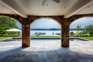 wood slat ceiling lanai to pool and dock